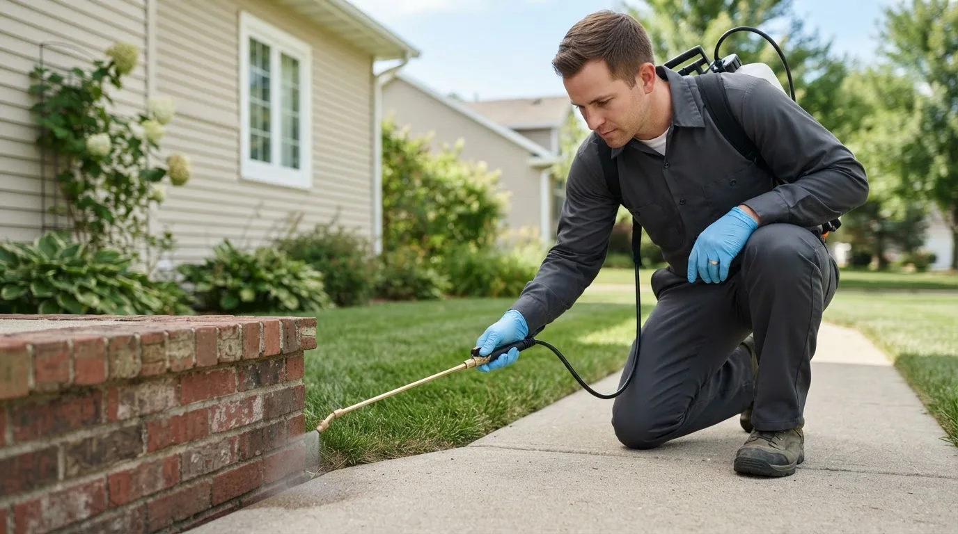 Pest control technician treating a home near Laurinburg, NC